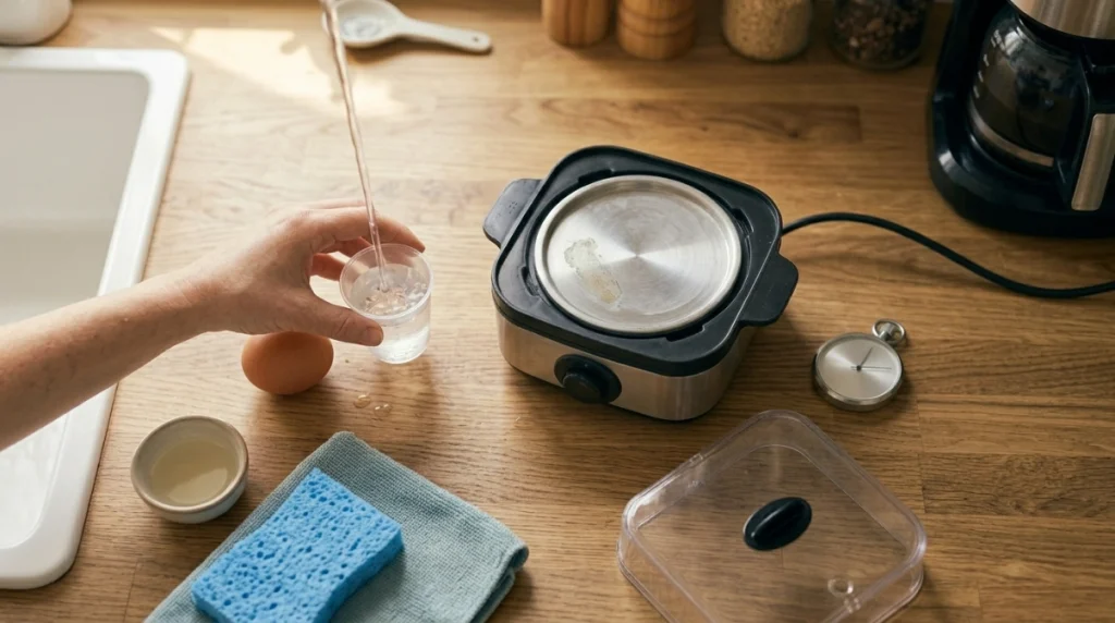 Egg cooker test with measuring cup, vinegar, soft cloth, and one medium egg.
