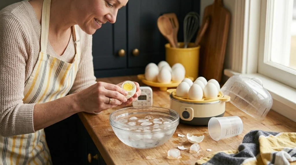 Six-egg cooker test with firm yolks, measured water, and an ice bath