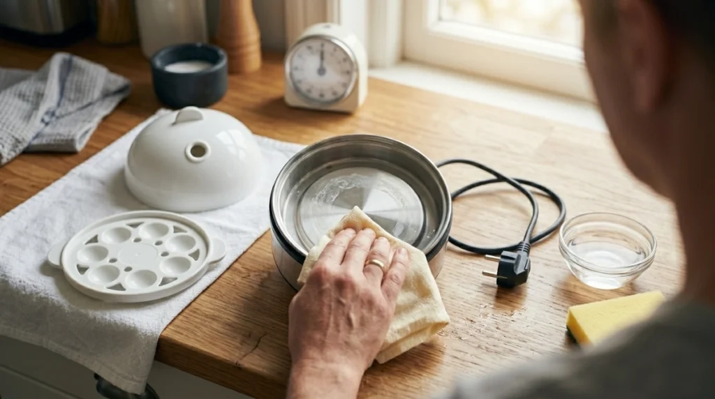 Unplugged egg cooker heating plate cleaned with a soft cloth and diluted vinegar