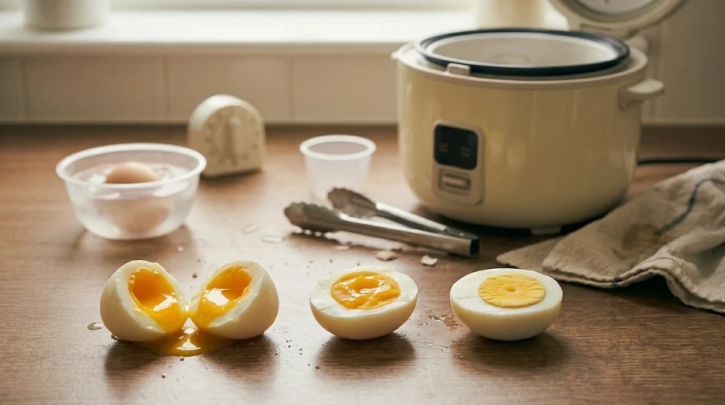 Soft, jammy, and firm eggs tested in a rice cooker at different times