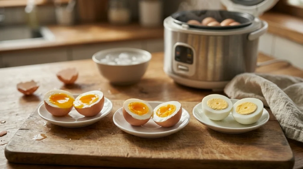 Three rice cooker eggs tested for soft, jammy, and firm yolk results