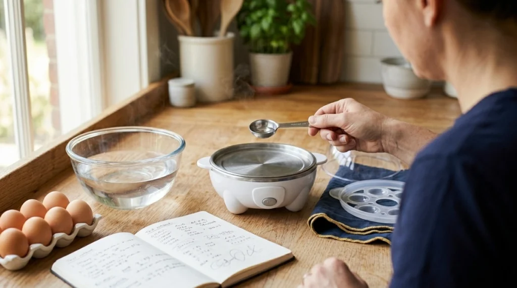 Home cook measuring 15 ml of water above an electric egg cooker