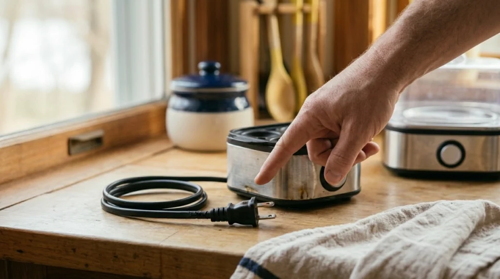 Damaged egg cooker cord and scorched plug showing replacement is needed