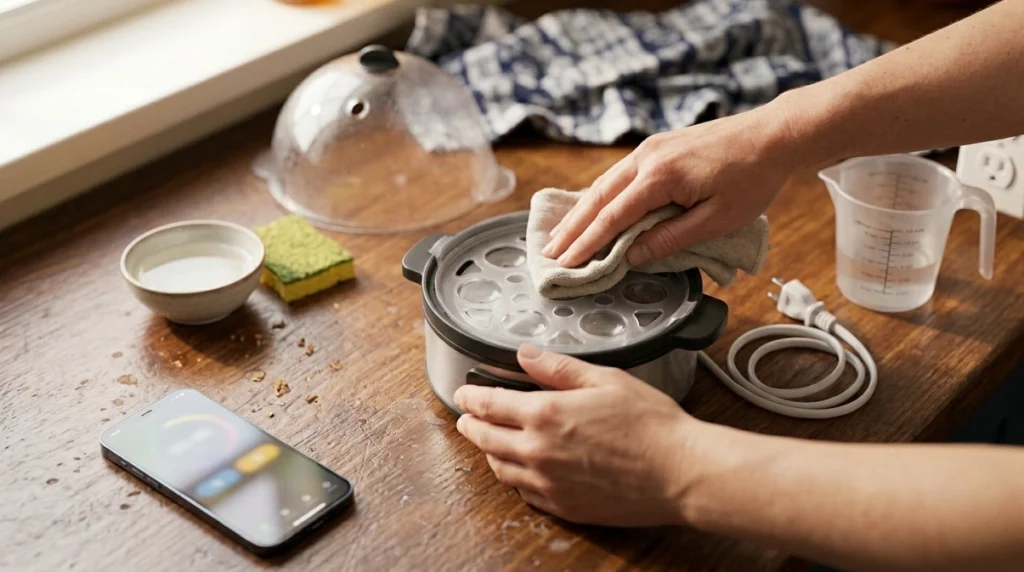 Cleaning an unplugged egg cooker plate to reduce long cycles and wasted electricity