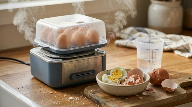 Cracked and unevenly cooked eggs beside a leaking egg cooker with mineral buildup.