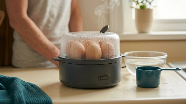 Egg cooker with its light off, weak steam, and condensation after completing the cooking cycle