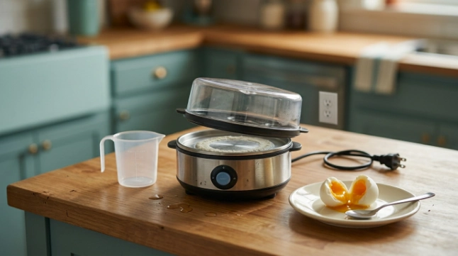 Leaking egg cooker with mineral film and an undercooked egg on a kitchen counter