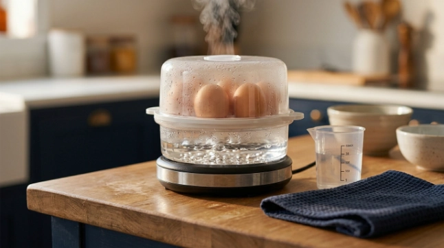 Working egg cooker with bubbling water, steam, condensation, and eggs beneath a clear lid