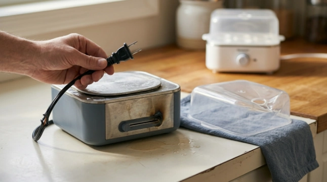 Unplugged egg cooker with a damaged cord, leaking base, and heat discoloration.