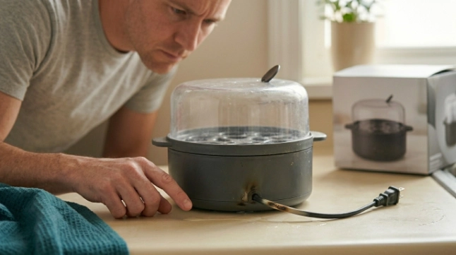 Unplugged egg cooker with a burned cord and water damage being inspected for replacement