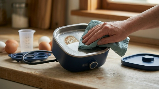 Mineral scale being wiped from a cooled egg cooker plate beside its marked water cup