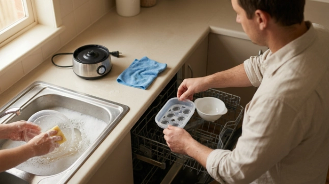 Egg cooker parts placed on a dishwasher top rack while the electrical base stays dry
