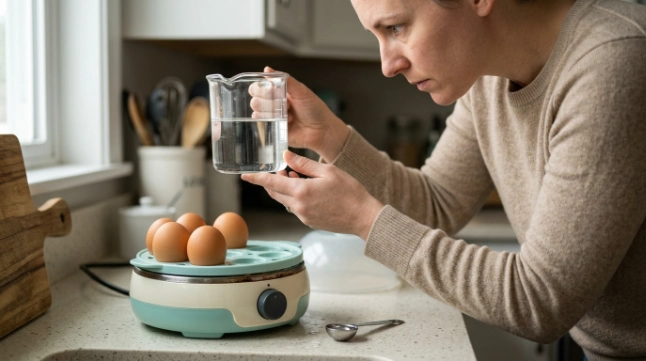 Home cook measuring water for four medium eggs in an electric egg cooker
