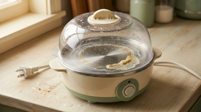 Mineral rings, water spots, and egg residue showing an egg cooker needs cleaning