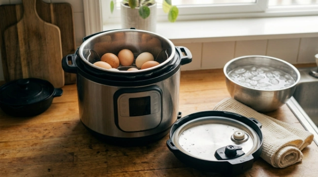 Six eggs arranged on a trivet above water inside an electric pressure cooker