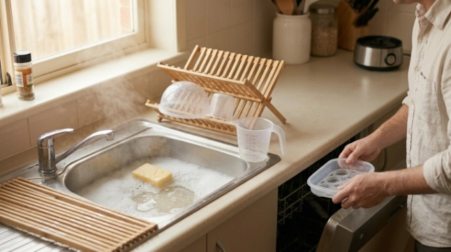 Person hand-washing egg cooker parts and wiping mineral scale with diluted vinegar