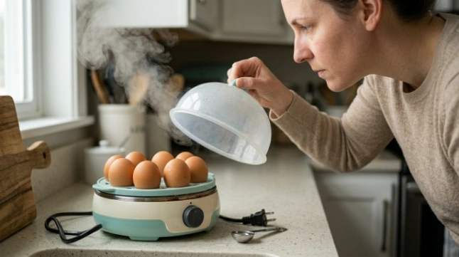 Home cook safely opening an unplugged egg cooker with steam directed away