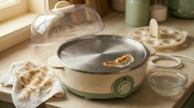 Brown mineral ring lifting from an egg cooker plate after diluted vinegar treatment