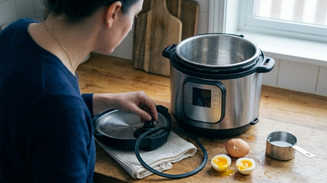 Home cook checking a pressure cooker gasket beside cracked and undercooked eggs