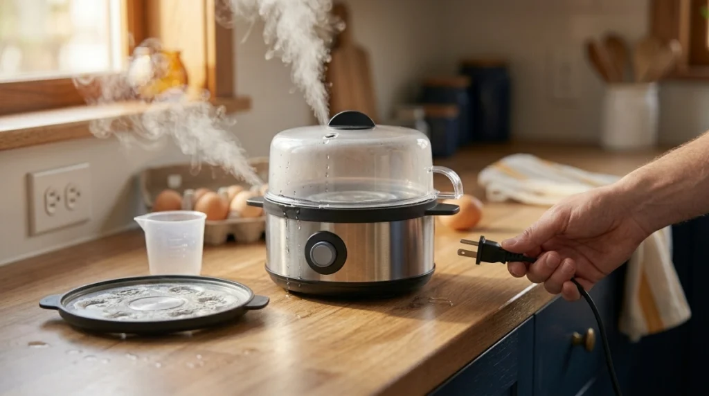 Is egg cooker safe check showing steam leakage, water drops, mineral buildup, and an unplugged cord