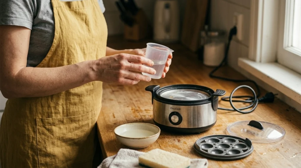 Egg cooker troubleshooting with water cup, tray, lid, steam vent, heating plate, and safe descaling supplies.