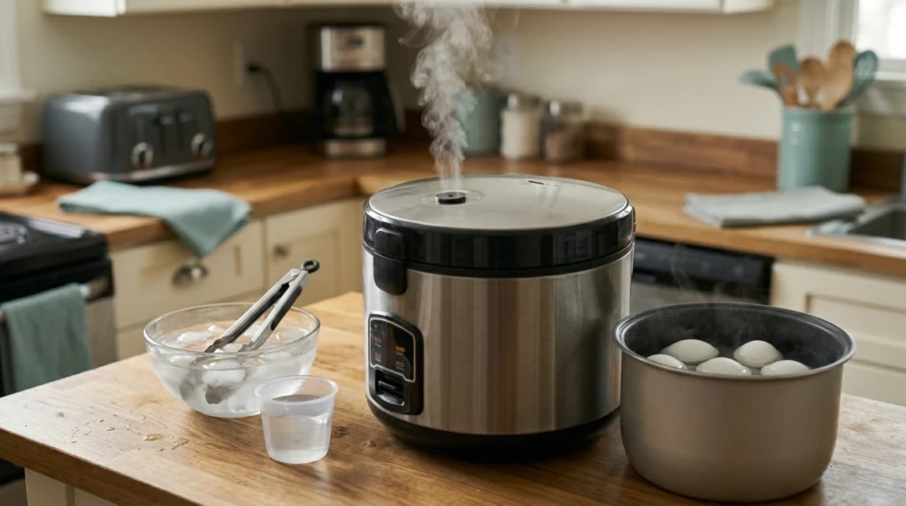 Rice cooker eggs covered with water while steam exits a clear vent safely