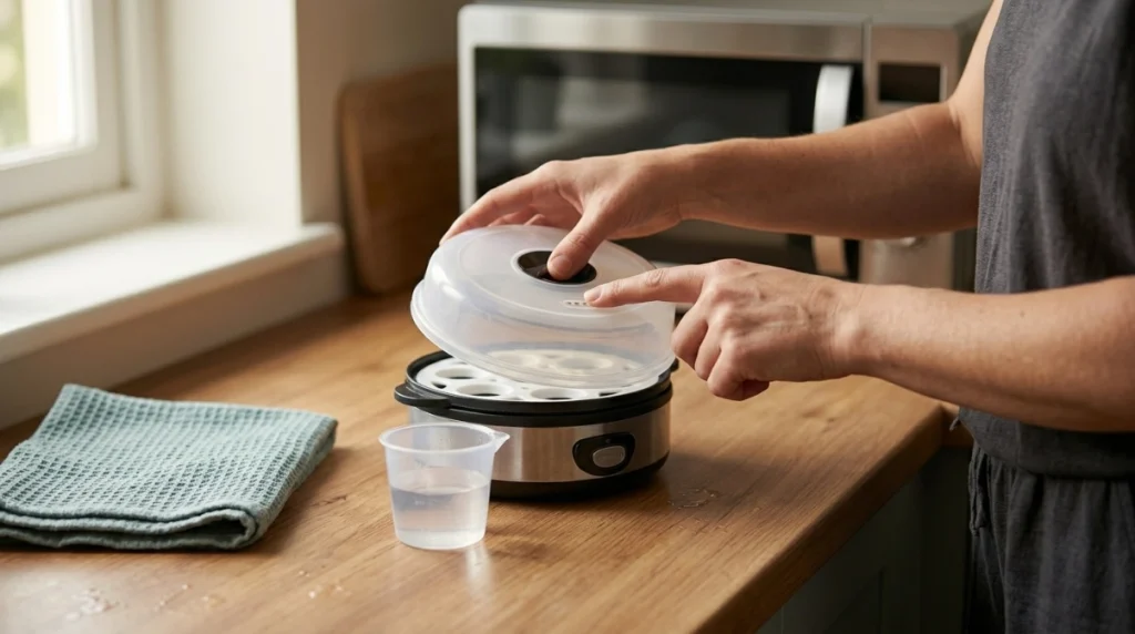 Person checking microwave egg cooker lid, steam vent, tray, and water before cooking eggs safely