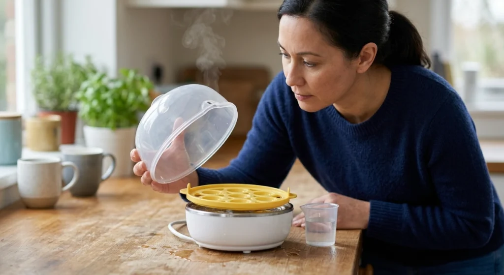 Is plastic egg cooker safe inspection showing warped lid, steam vent, tray, measuring cup, and possible leak.