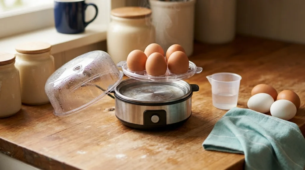 What are egg cookers showing heating plate, egg tray, measuring cup, lid, steam vent, and eggs.