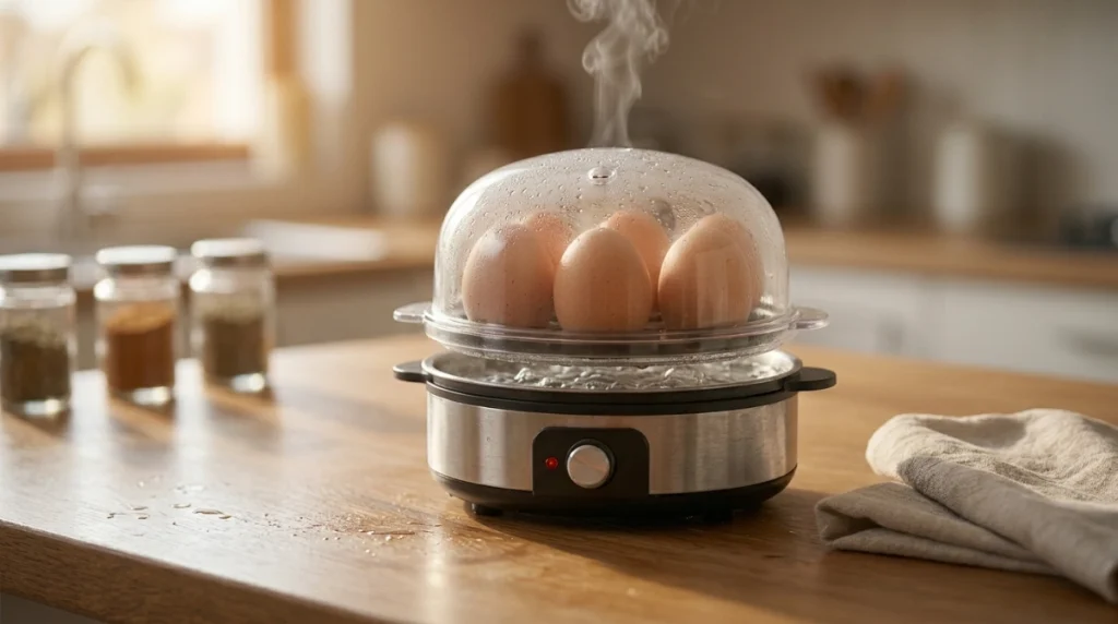 Egg cooker working correctly with eggs in tray, condensation, steam, lid vent, and heating plate.