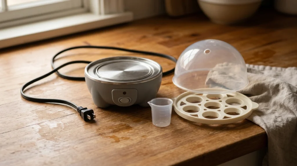 Egg cooker base, round-hole tray, dome lid, measuring cup, and power cord on a kitchen counter.