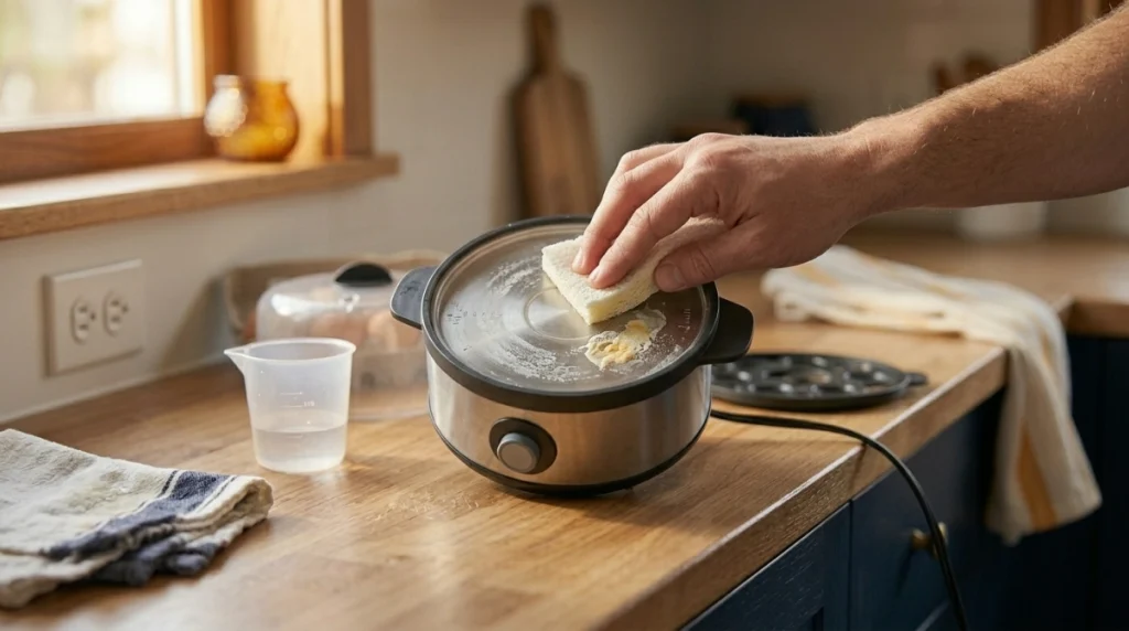 Is egg cooker safe test showing mineral buildup and egg residue being cleaned from a cool heating plate
