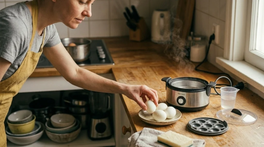 Egg cooker beside cooked eggs and saucepan showing convenience, frequent use, and kitchen storage trade-offs.