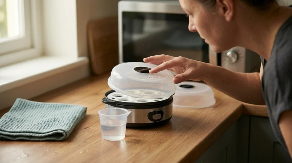 Personal microwave egg cooker safety check of lid, vent, tray, water level, and microwave setup