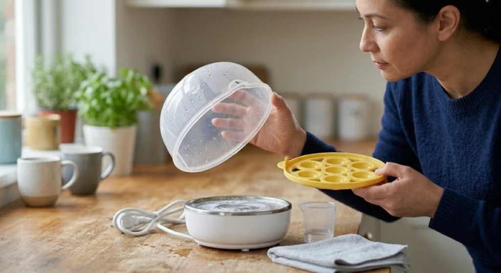 Is plastic egg cooker safe inspection checking lid, tray, vent, water level, heating plate, and mineral buildup.