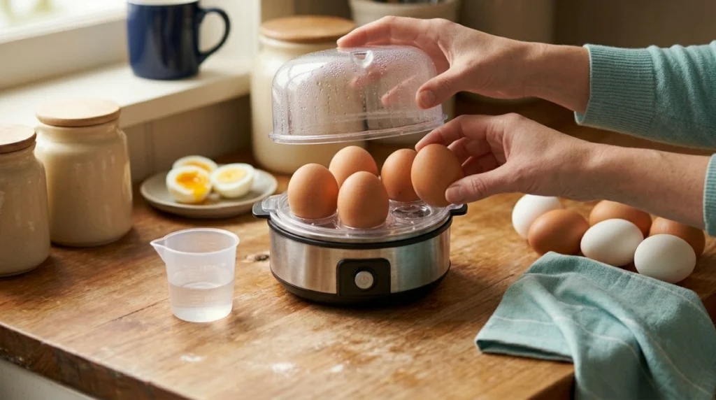 What are egg cookers testing with similar eggs, measured water, fitted tray and lid, and cooked egg comparison.