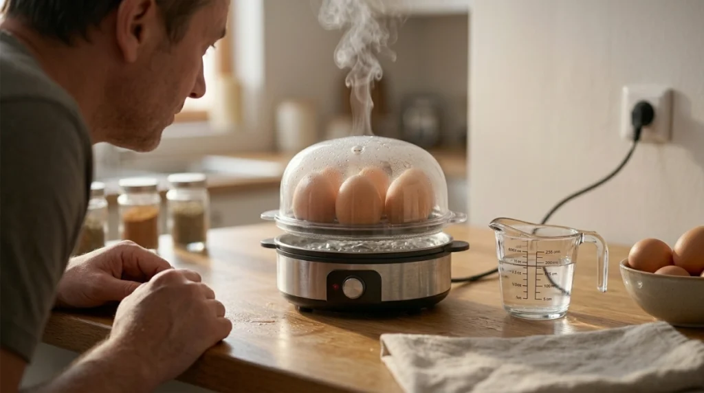 Home cook testing egg cooker with measured water, fitted tray and lid, steam, and shut-off observation