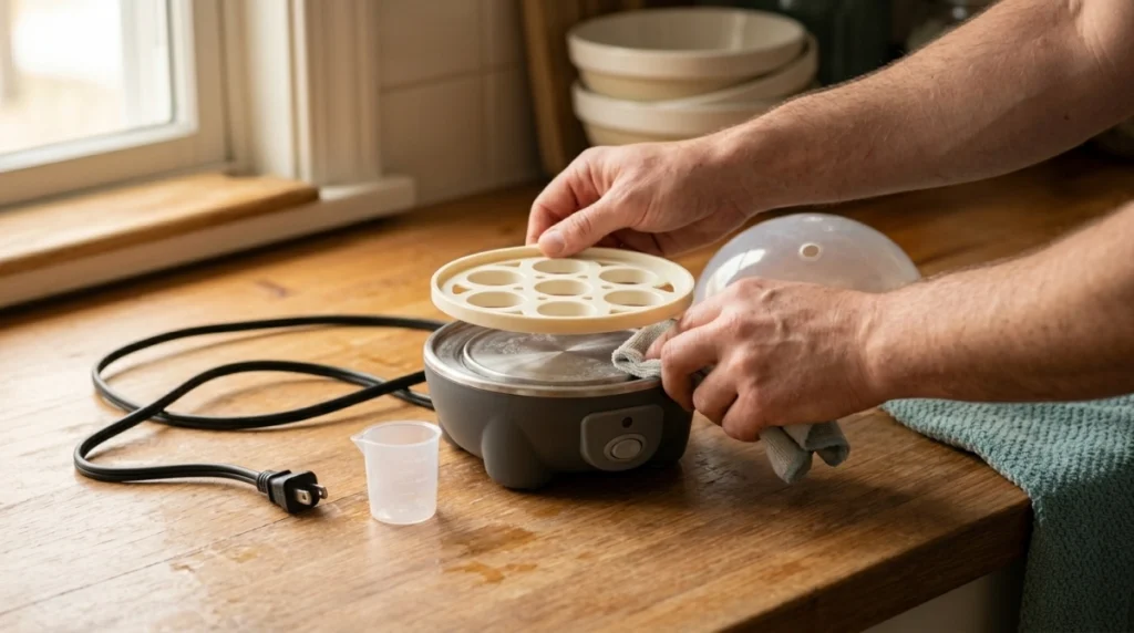 Egg cooker being checked by matching base, tray, lid, measuring cup, and heating plate condition.
