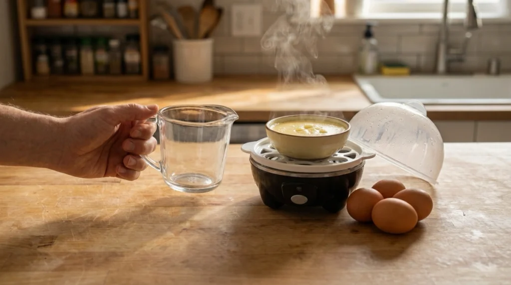 Egg cooker using measured water and a steamer bowl to make custard instead of shell eggs.