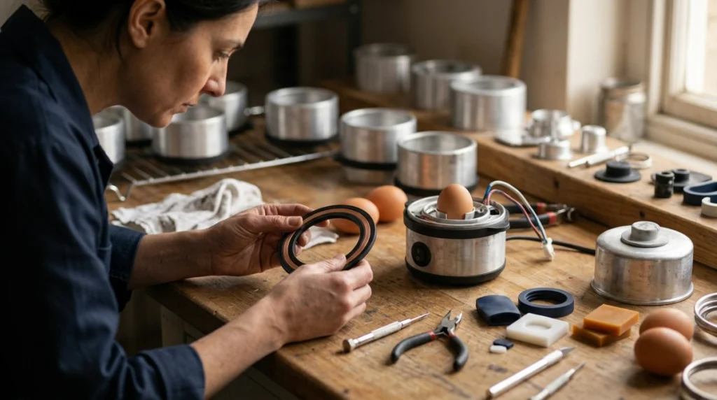 Eggxactly-style heating element and prototype showing why the Dragons' Den egg cooker faced production delays