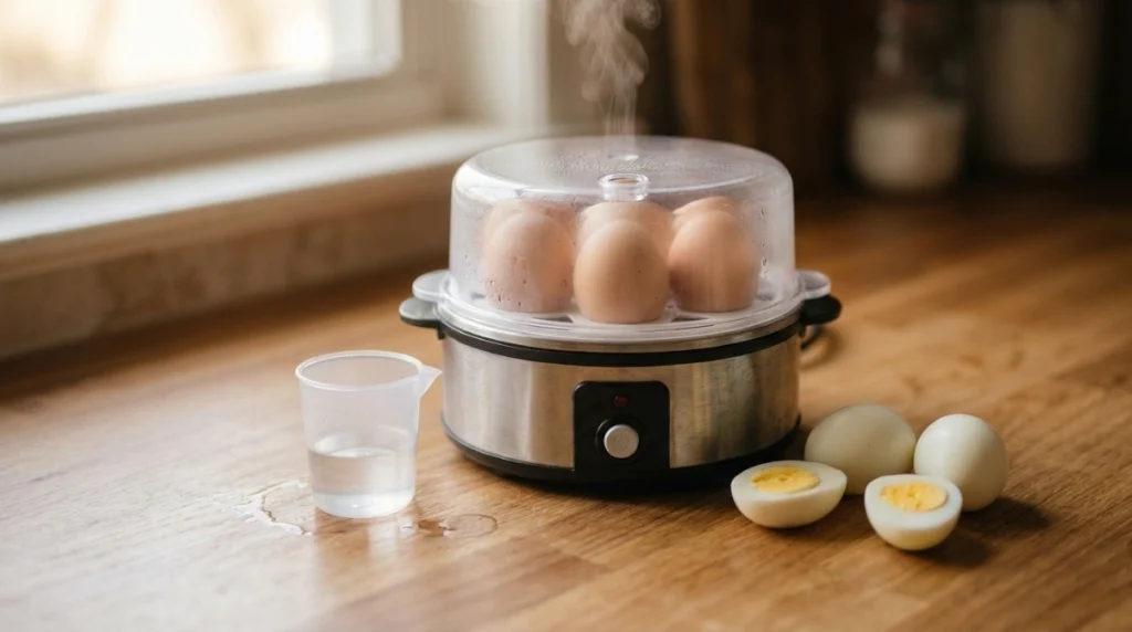What is an egg cooker working with measured water, egg tray, heating base, lid, and steam vent.