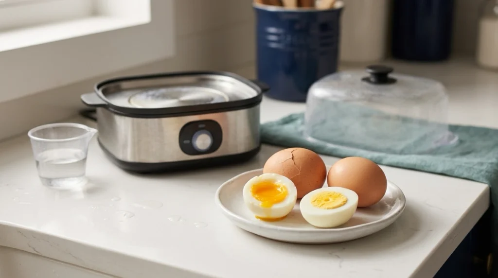 What is egg cookery illustrated by soft, firm, cracked, and uneven eggs beside an electric cooker.