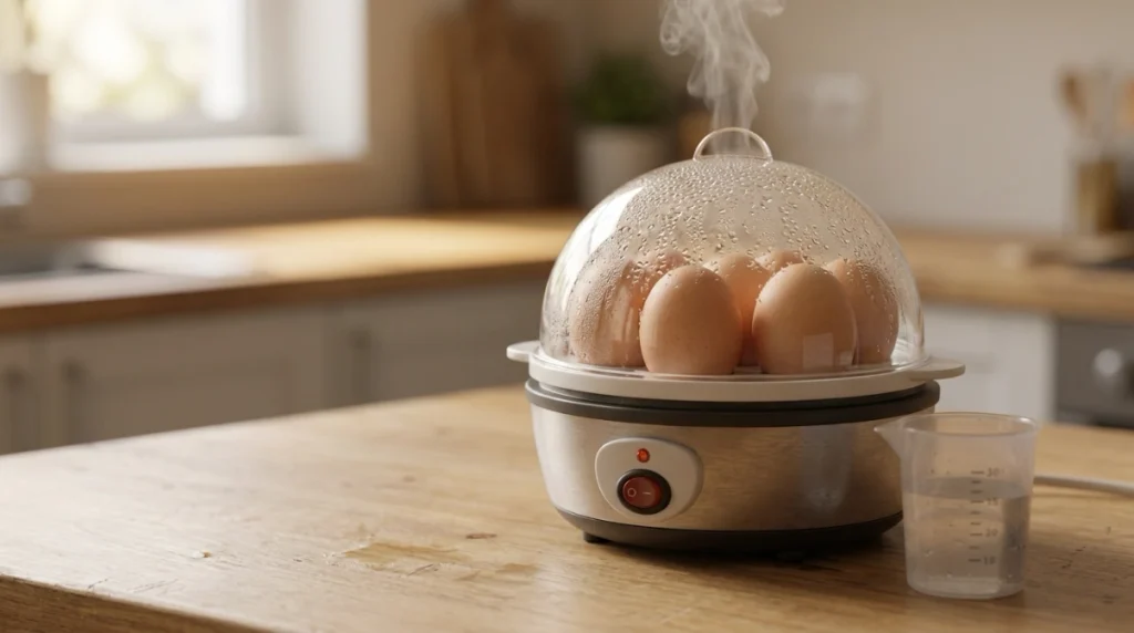 Egg cooker using measured water, heating plate, egg tray, lid, and steam to cook eggs.