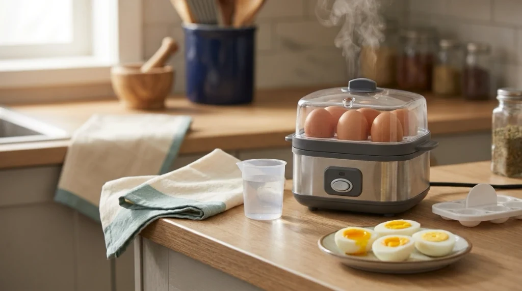Egg cooker steaming eggs beside a measuring cup and examples of soft, medium, and hard eggs.
