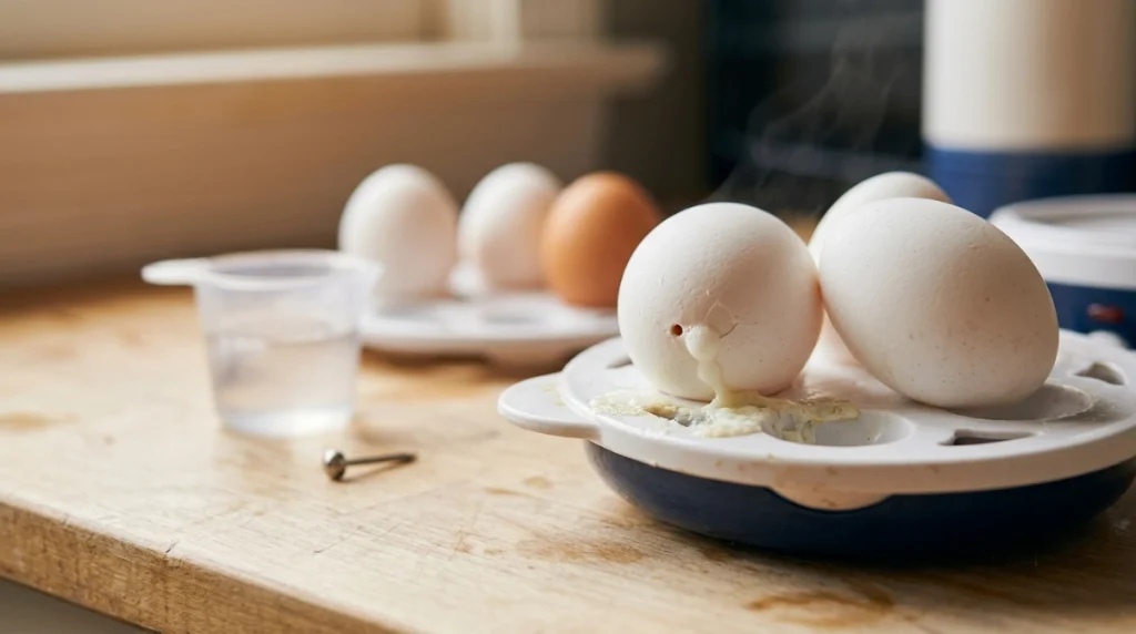 What side of egg to pierce for egg cooker when a shell cracks and white leaks into the tray.