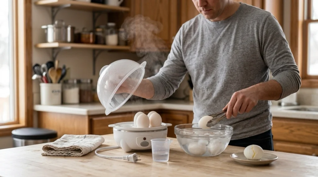 Cooked eggs transferred safely from an egg cooker into cold water after steaming
