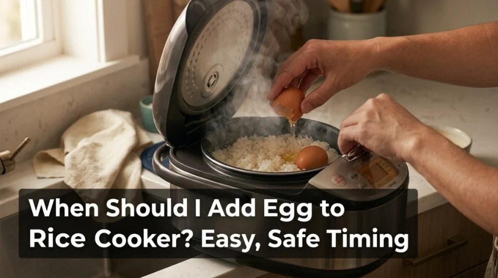 When should I add egg to rice cooker showing egg added to steaming nearly cooked rice.