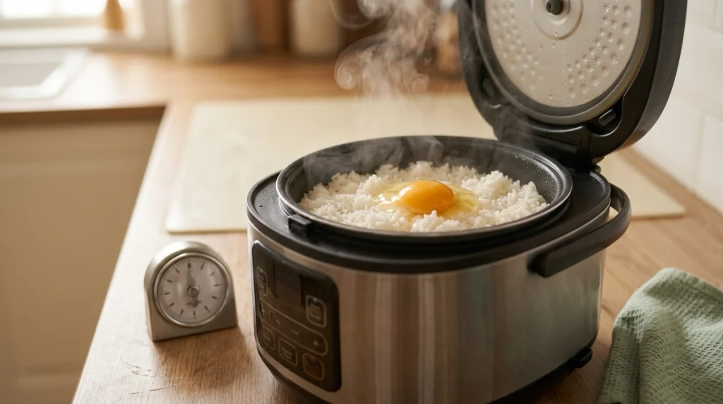 Egg added to nearly cooked rice during the last 5 to 10 minutes in a rice cooker