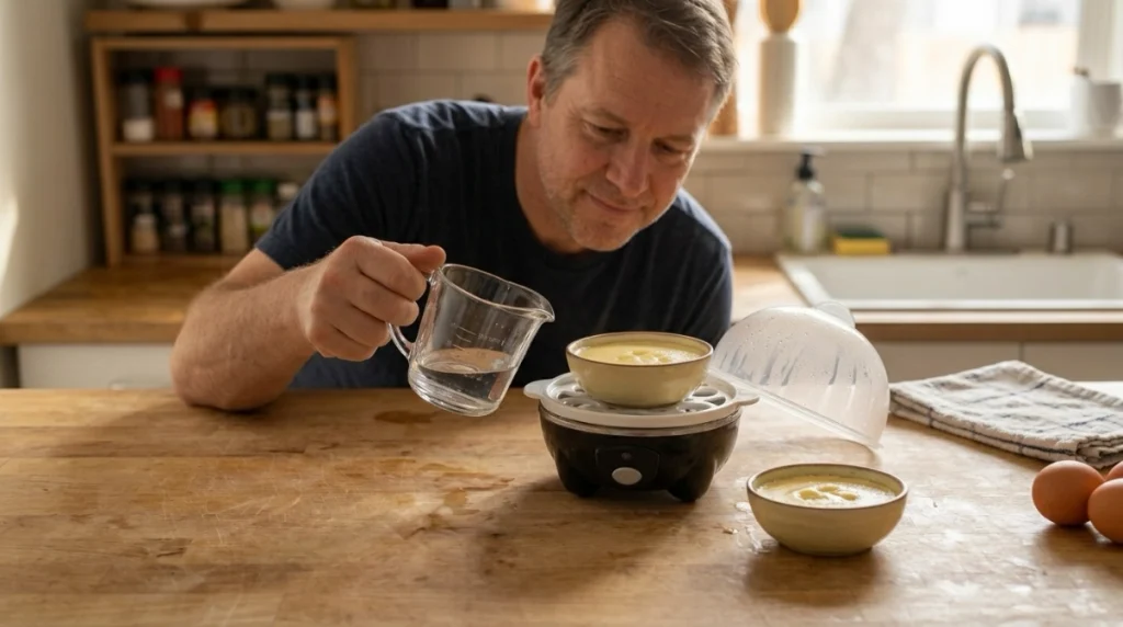 Home cook testing egg cooker water level, bowl position, clear vent, and finished steamed custard.