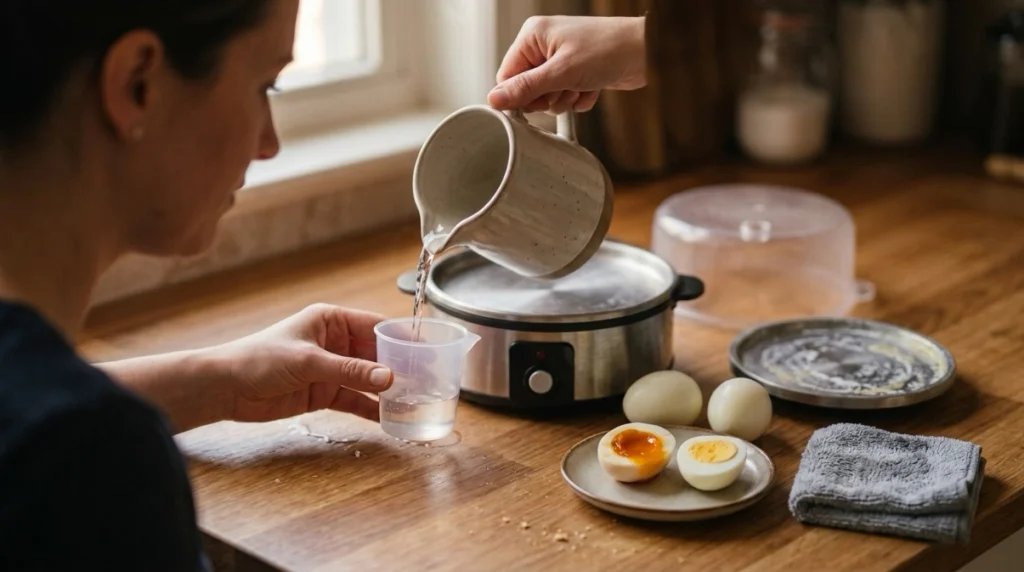 Home cook testing egg cooker water levels after soft eggs and checking mineral marks on heating plate.